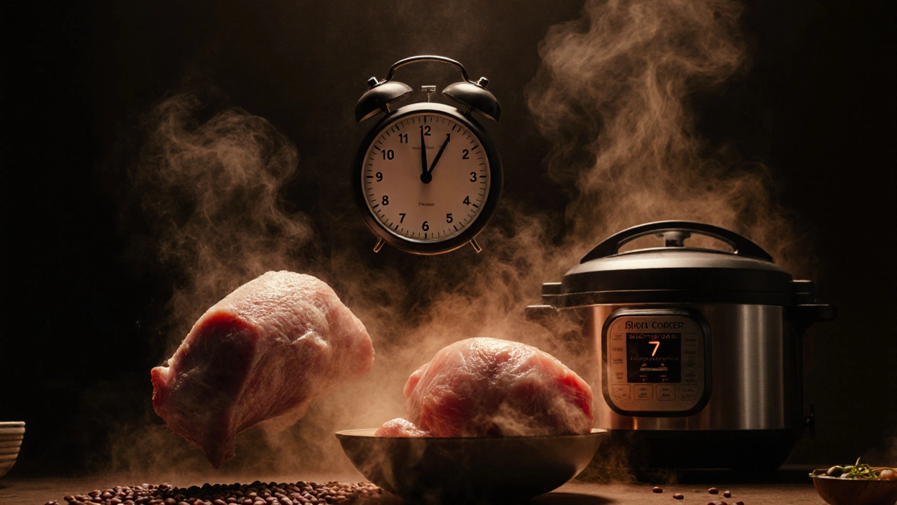Timer counting down to 3 hours with ingredients dissolving into smoke beside a pressure cooker.