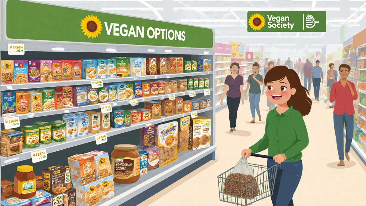 Vegan grocery aisle in a UK supermarket filled with plant-based foods and sunflower logos.