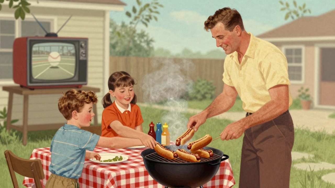 A family enjoying grilled hot dogs at a 1950s-style backyard barbecue with a baseball game on TV.