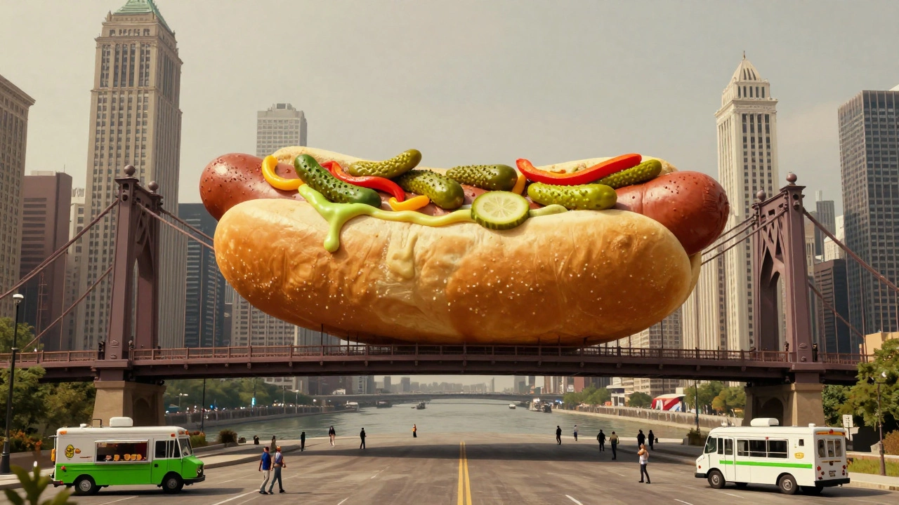 A giant hot dog monument spanning a city skyline, topped with iconic Chicago-style toppings.
