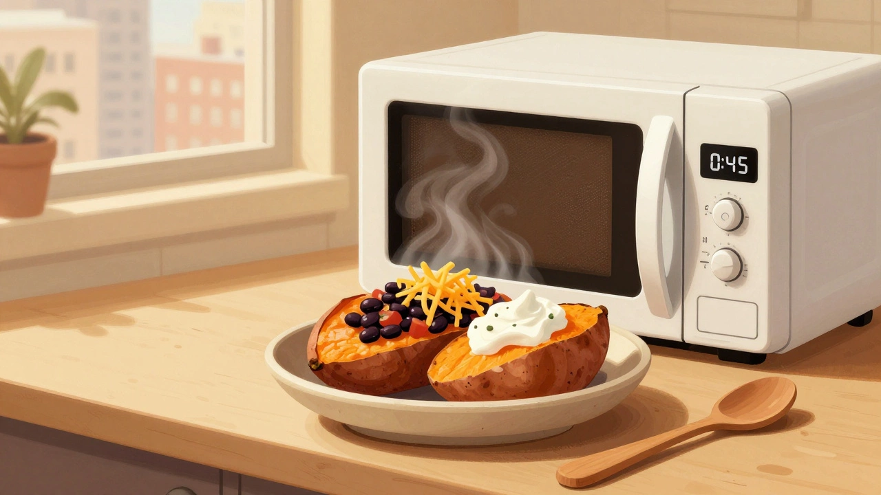 A microwave-ready sweet potato topped with beans, salsa, cheese, and yogurt, steaming gently.