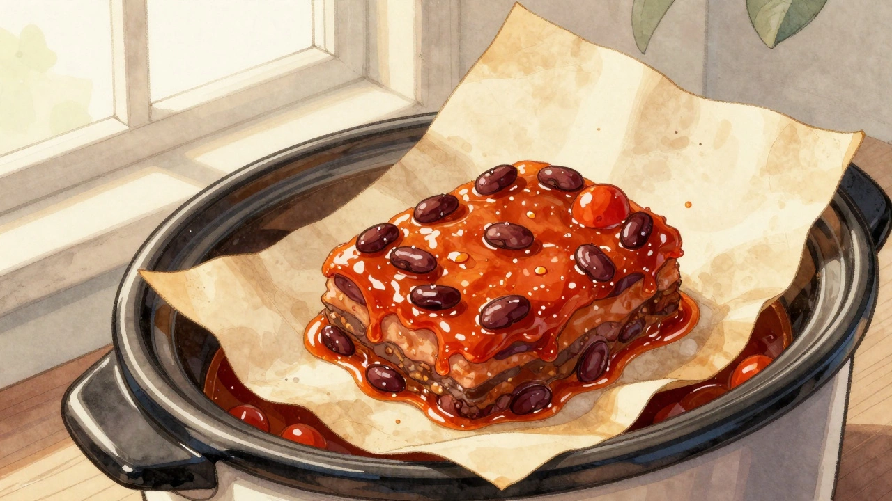 A parchment paper sling lifts a block of chili from a slow cooker, sauce glistening, clean pot behind.