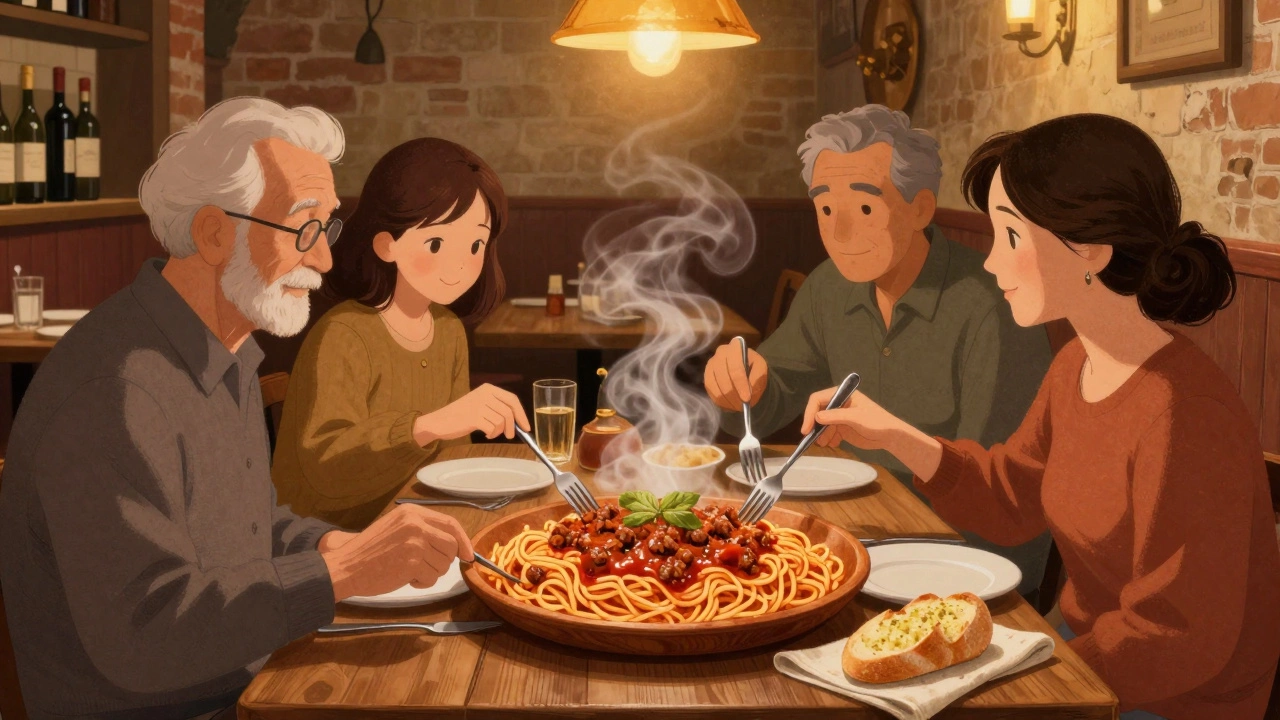 A shared platter of spaghetti with meat sauce at a rustic Italian trattoria, enjoyed by multiple generations.