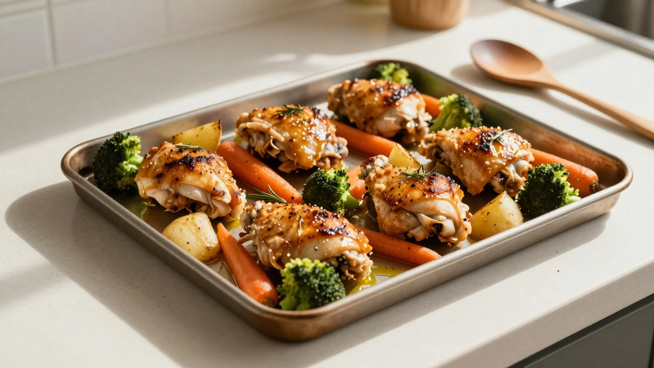 Chicken thighs and roasted vegetables on a baking sheet, golden and glistening with oil, resting on a kitchen counter.