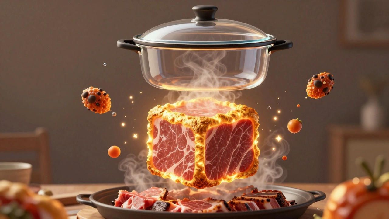 Conceptual image of meat with a glowing crust protecting its juices while flavor molecules radiate outward.
