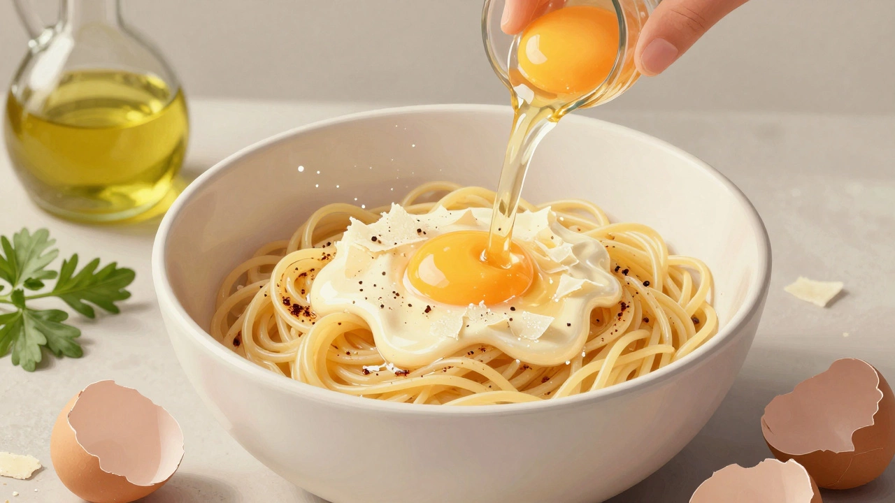 Creamy egg and cheese sauce coating hot pasta, with herbs and a cracked eggshell on the side.