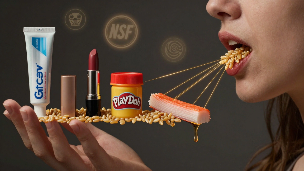 Everyday items leaking wheat grains, connected to a person’s hands and mouth.