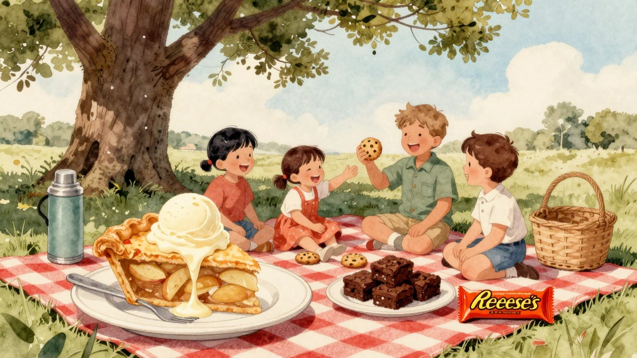 Family picnic with apple pie, brownies, and peanut butter cups on a red-checkered blanket.