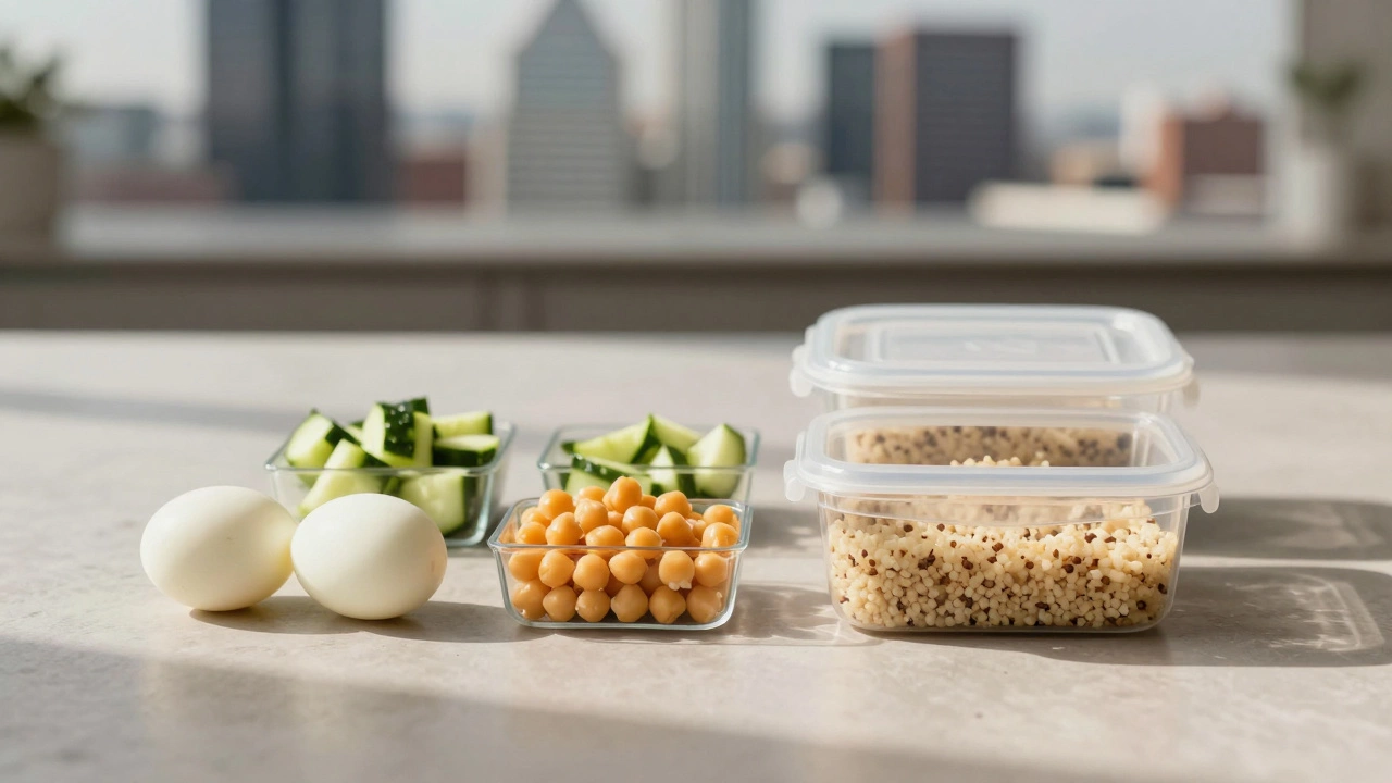 Four prepped lunch ingredients: eggs, cucumber, chickpeas, and quinoa arranged neatly on a counter.