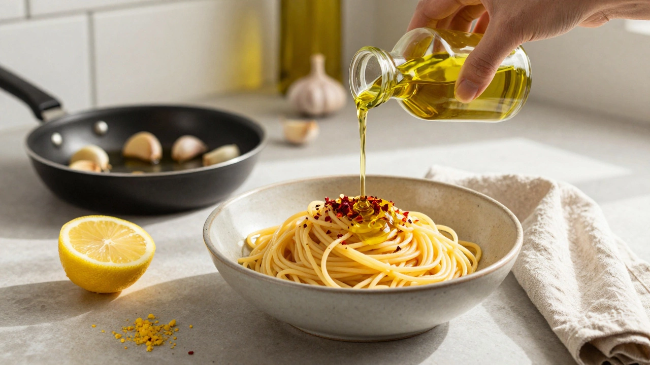 Garlic-infused olive oil being poured over spaghetti with lemon zest and red pepper flakes nearby.