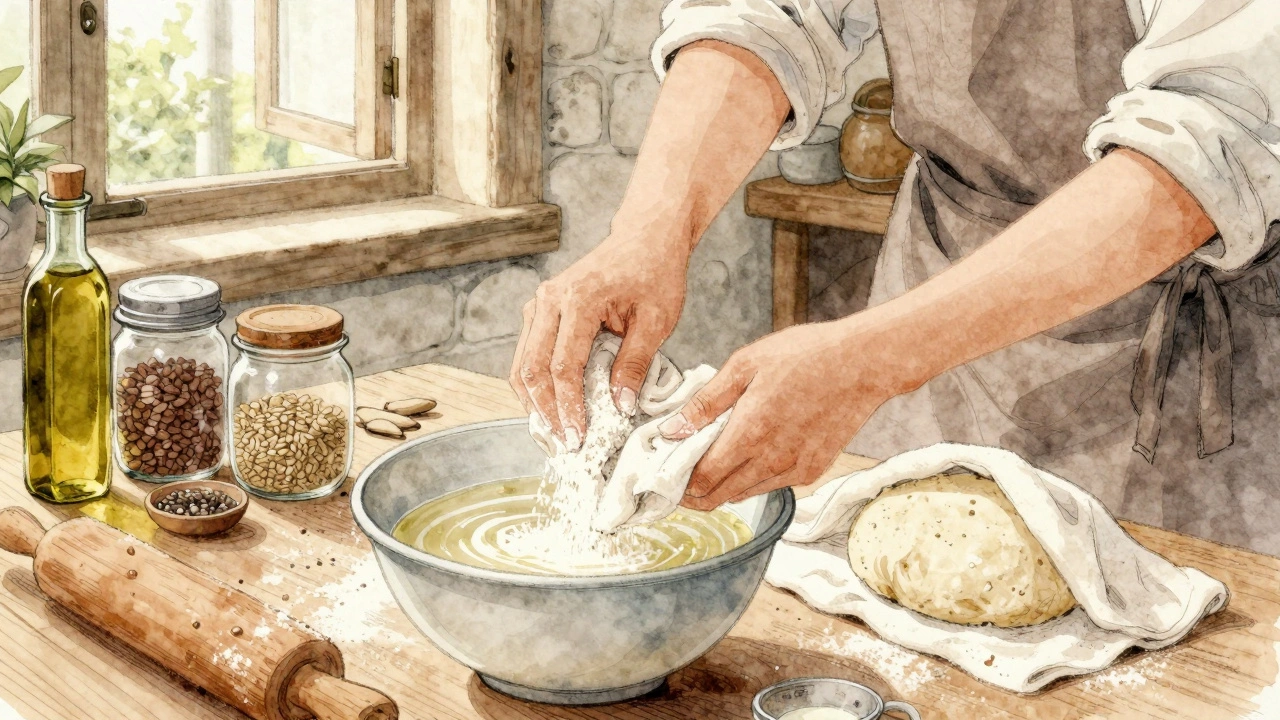 Hands making vegan bread: flour, water, yeast, and dough rising in a rustic kitchen.