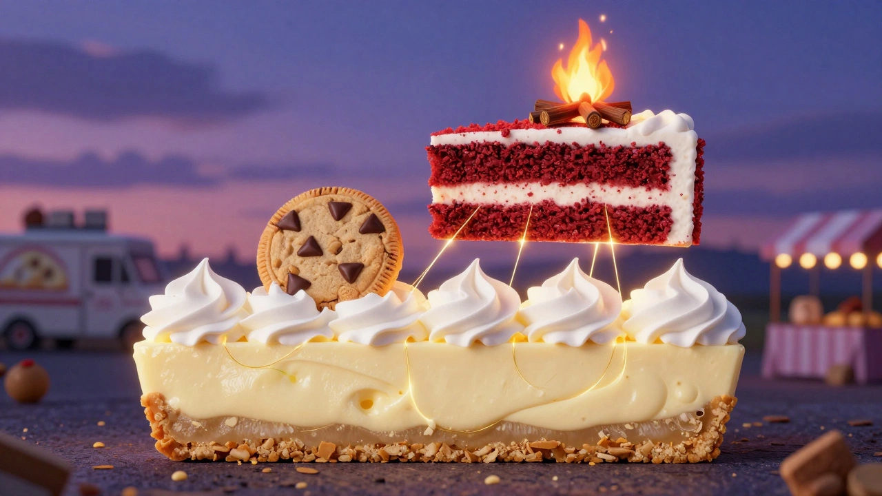 Layered American desserts glowing in a timeline, connected by golden threads under a twilight sky.