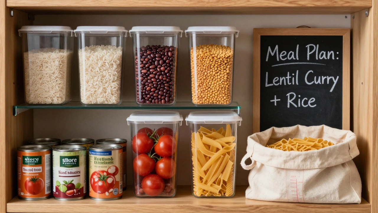 Pantry shelf with bulk staples and store-brand canned goods