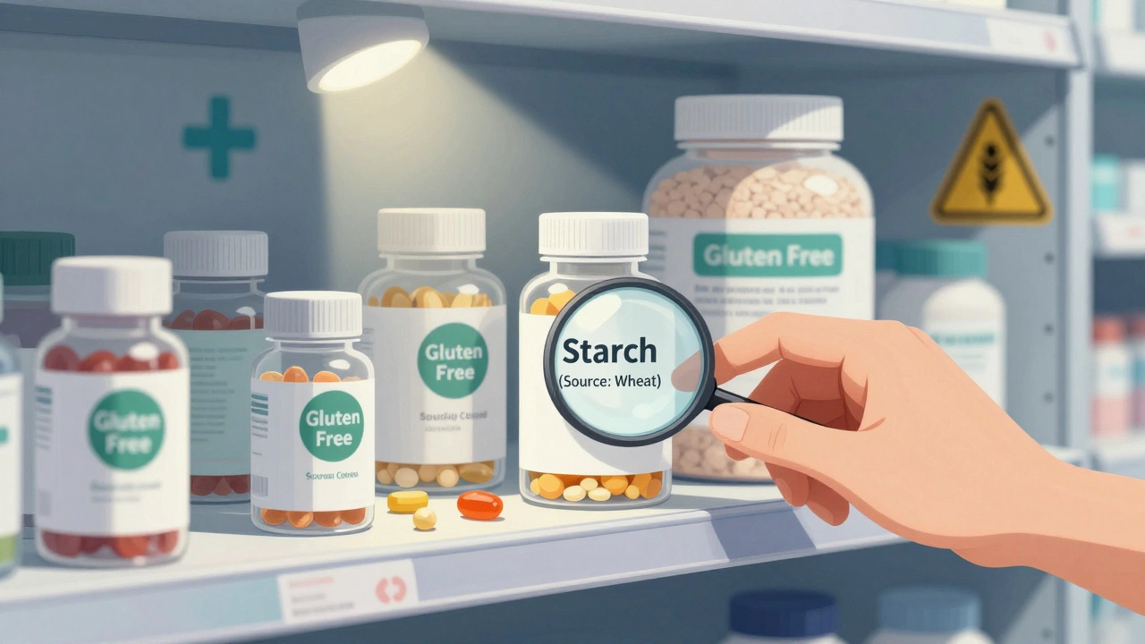 Pharmacy shelf with pills and supplements containing hidden wheat starch.