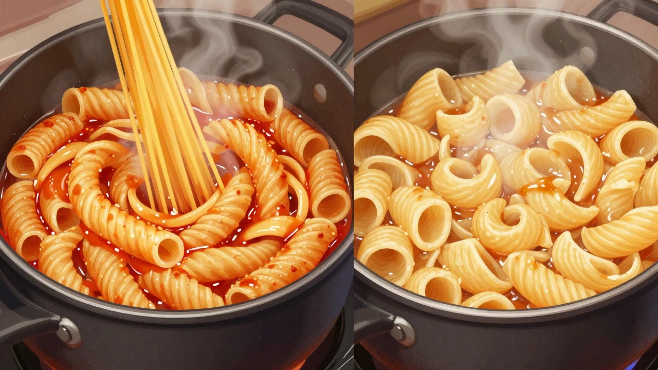 Side-by-side pots showing firm al dente pasta versus mushy pasta, sauce clinging to one and pooling on the other.