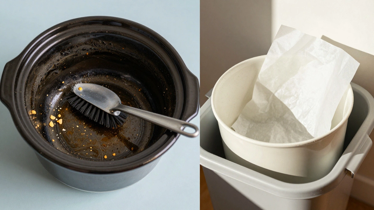 Side-by-side: stained slow cooker pot vs. clean pot with discarded parchment paper in compost bin.