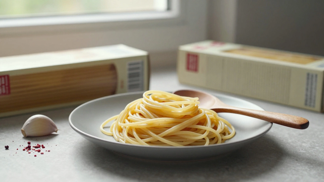 Simple aglio e olio pasta with garlic and pepper flakes, wooden spoon beside it, supermarket box in shadow.
