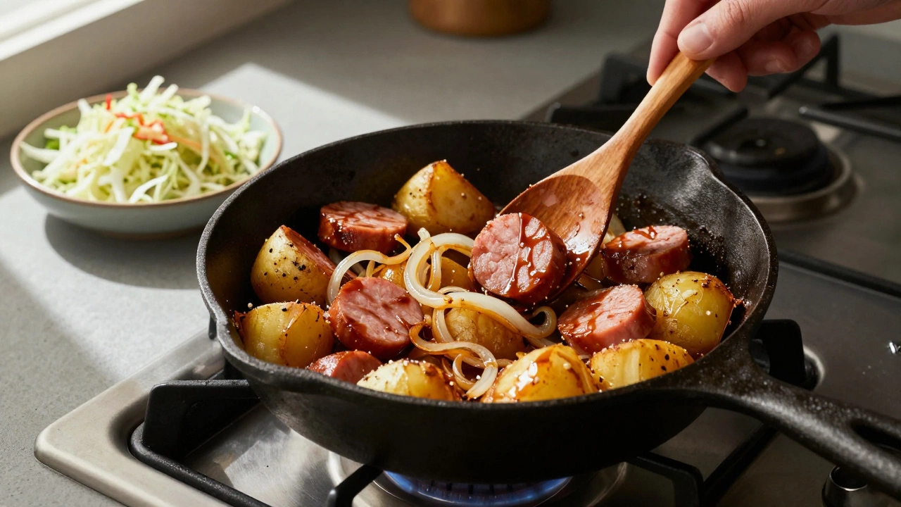 Sizzling potato and sausage skillet with cabbage slaw beside it