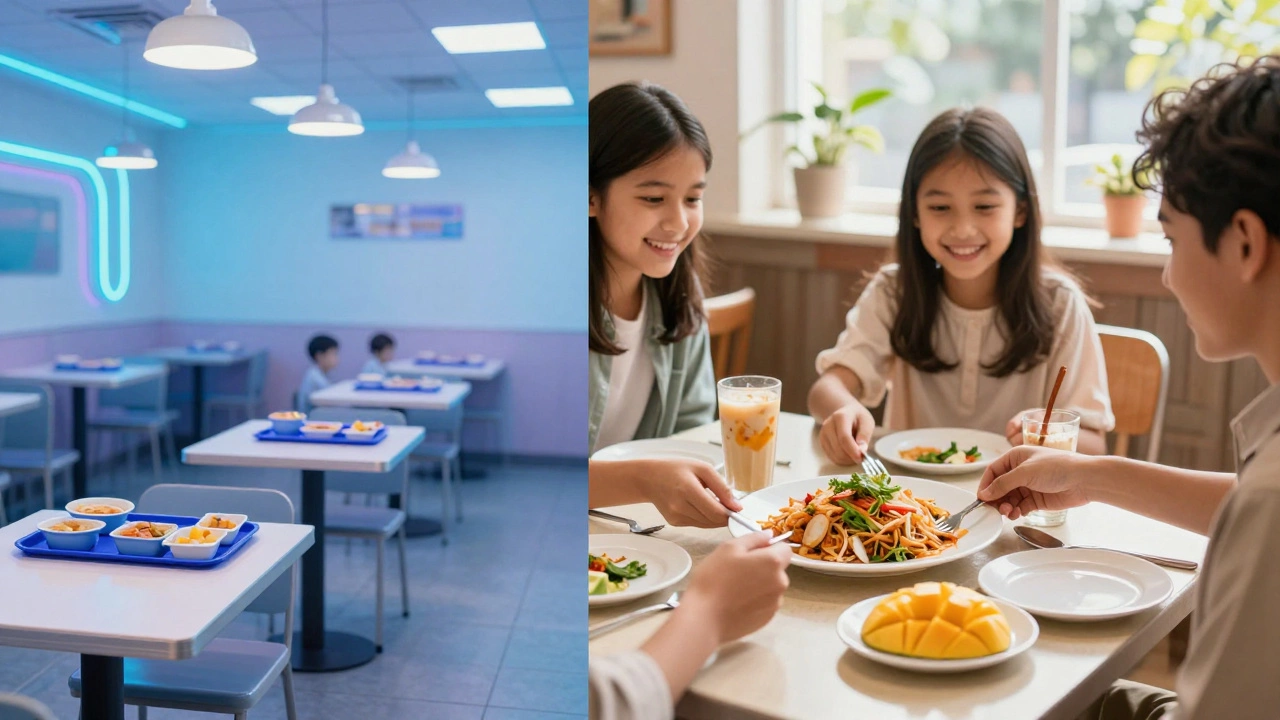 Split image: sterile kids' meals vs. a family sharing pad thai at a warm local diner with a free mango slice.
