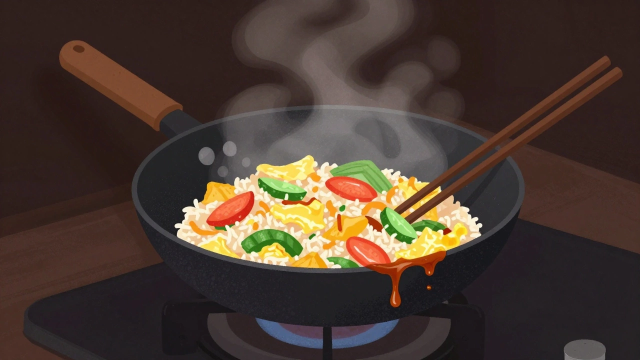 Stir-fried rice with eggs and vegetables steaming in a wok, soy sauce drizzling down the side.