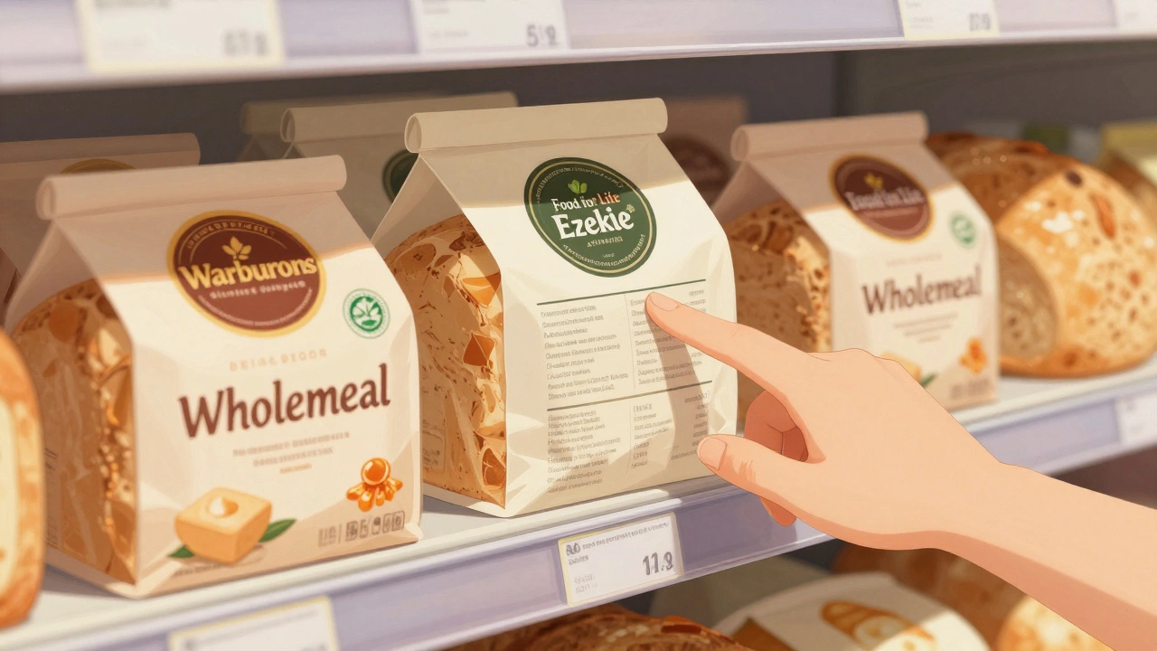 Supermarket bread shelf with vegan-certified loaves highlighted among other packaged breads.