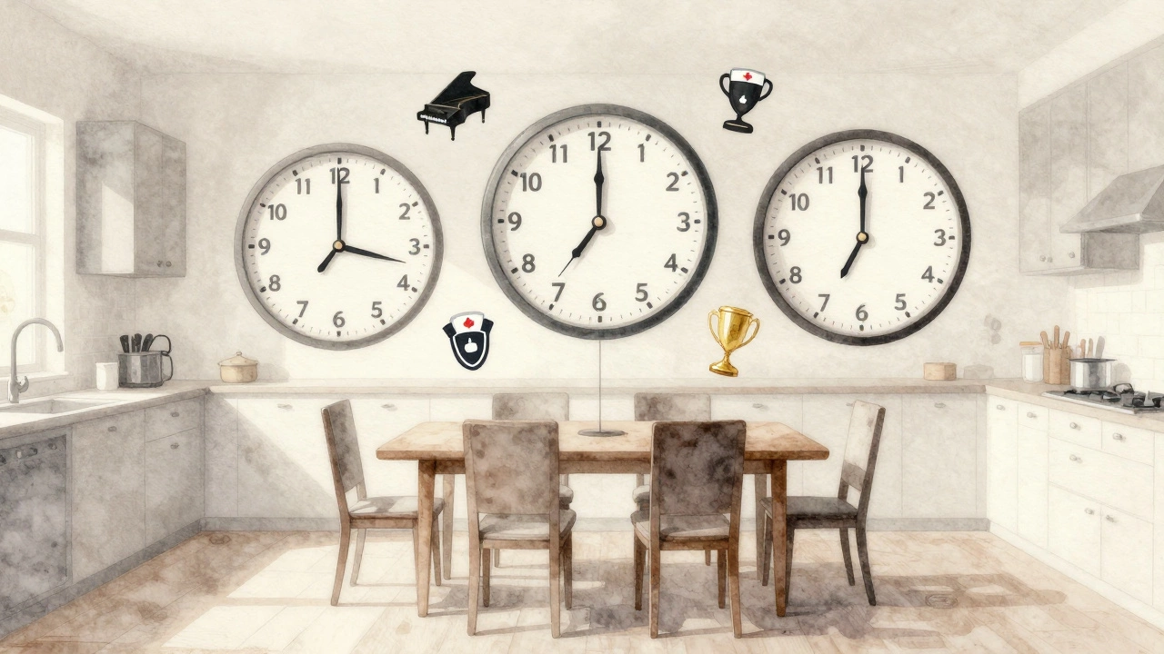 Three different dinner times represented by clocks and family symbols around an empty dining table in soft watercolor.