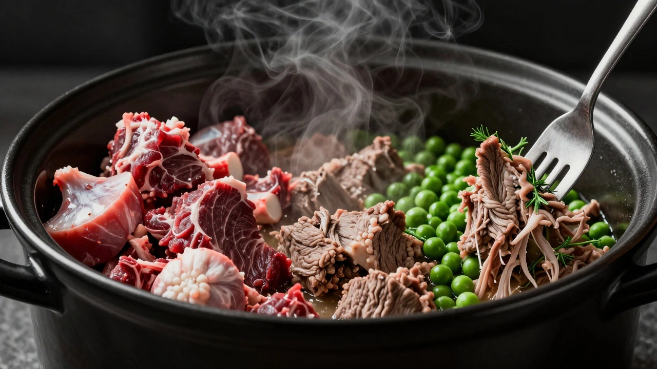 Three-stage visual of crockpot cooking: raw, mid-cook, and perfectly tender final dish.
