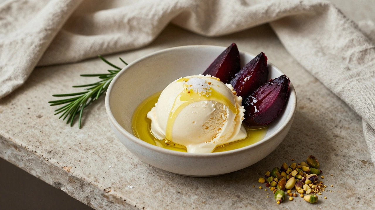 Vanilla gelato with olive oil drizzle, roasted beets, and rosemary on a stone countertop.