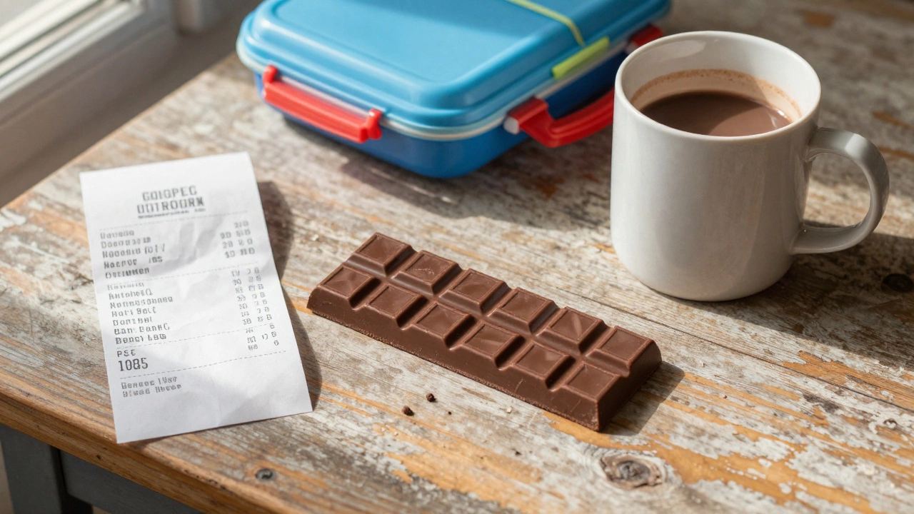 A chocolate bar beside everyday items like a lunchbox and mug in soft morning light.