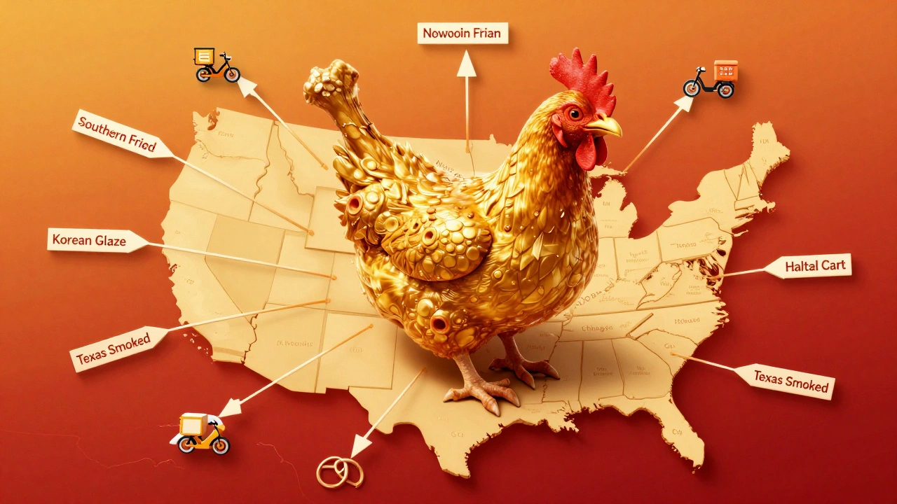A giant golden chicken leg with regional styles radiating across a U.S. map.