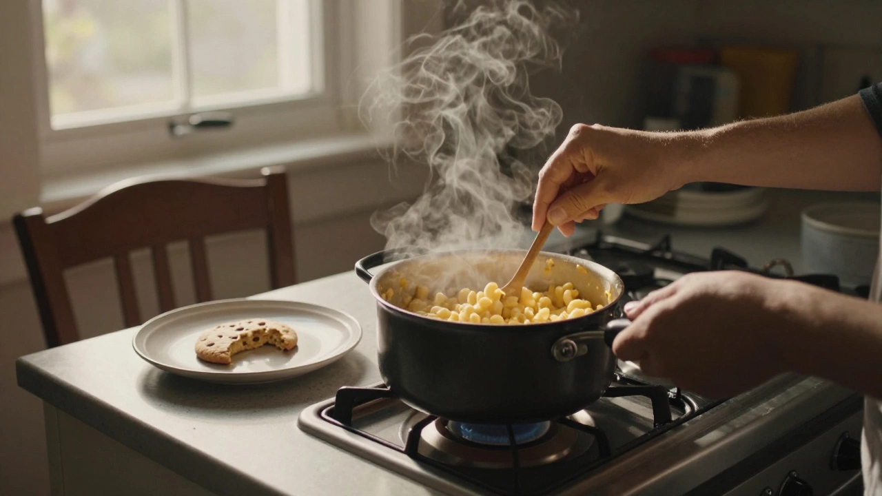 A hand stirring mac and cheese on a stove, sunlight on a plate and cookie, quiet kitchen scene.