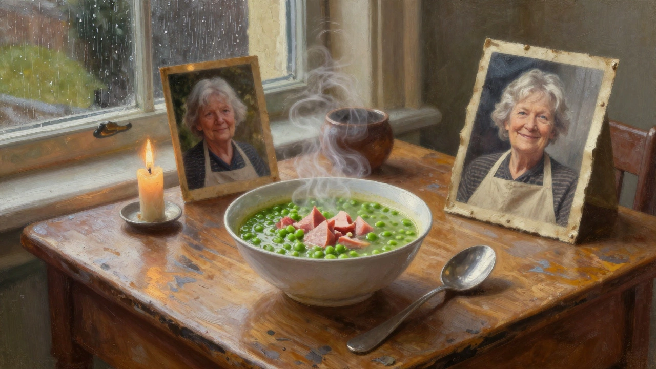 A steaming bowl of pea and ham soup on a wooden table with a faded photo and candlelight in a cozy home.