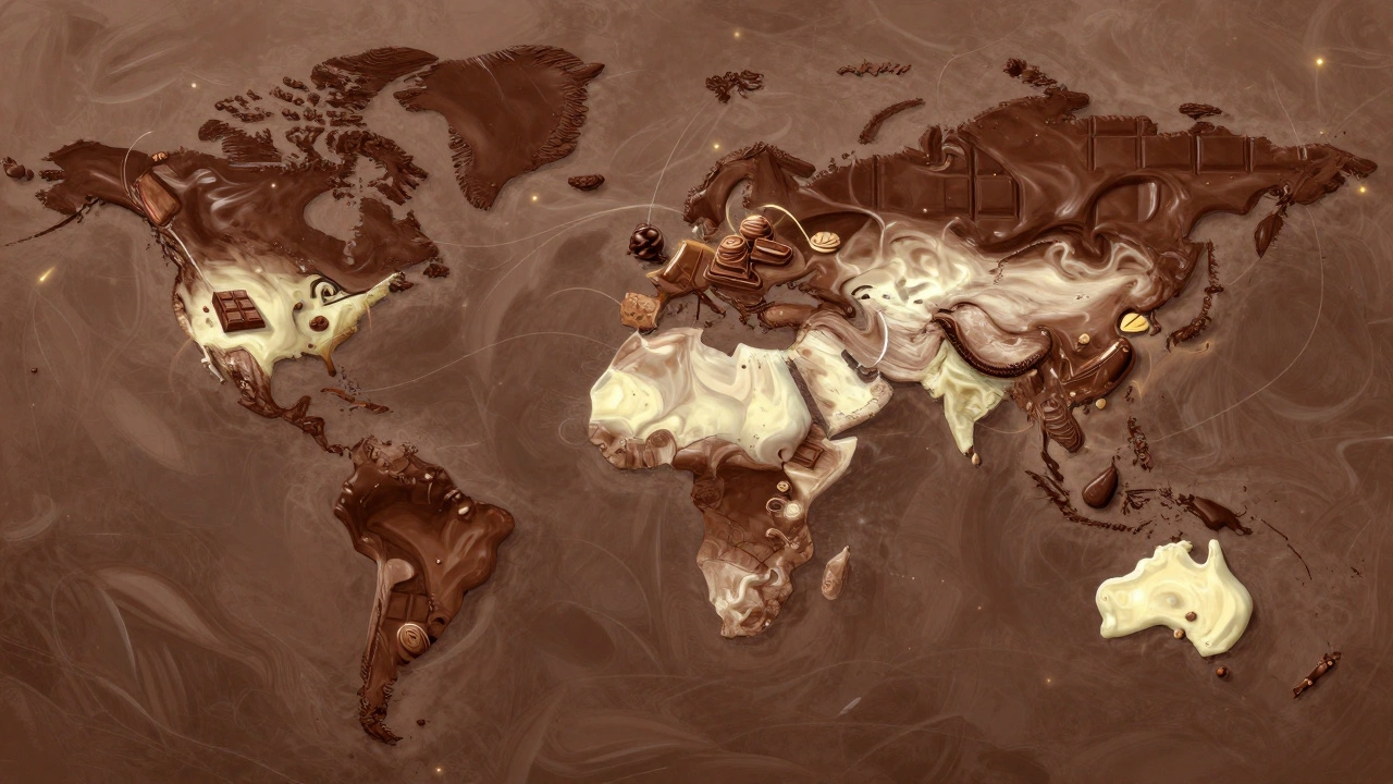 A world map composed of chocolate textures with icons representing chocolate treats.