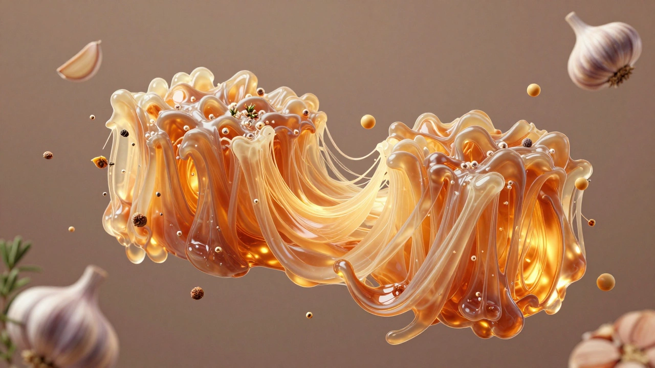 Abstract representation of collagen turning into gelatin within slow-cooked beef.