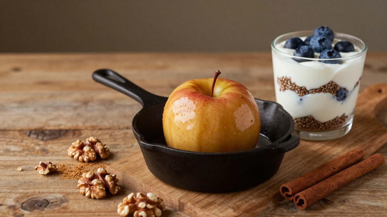Baked cinnamon apple with walnuts and Greek yogurt parfait on wooden table