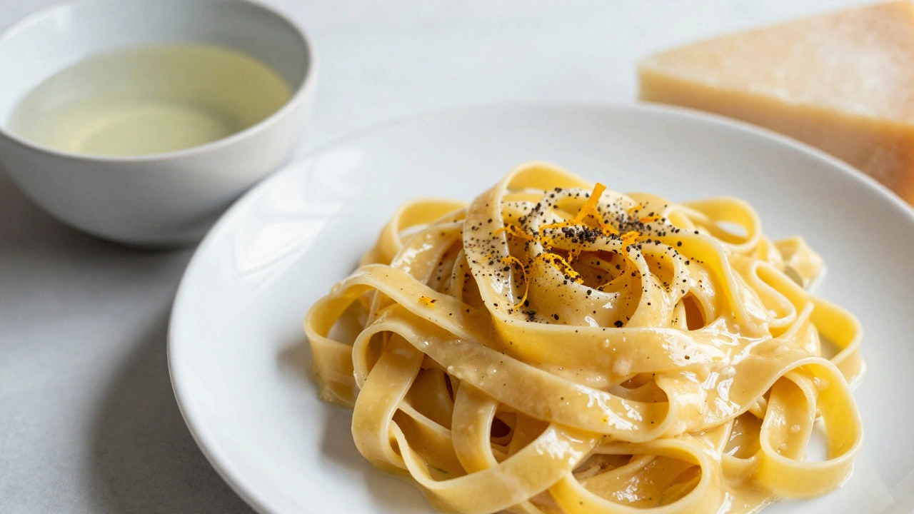 Creamy fettuccine with buttery sheen, citrus zest, and aged cheese beside pasta water.