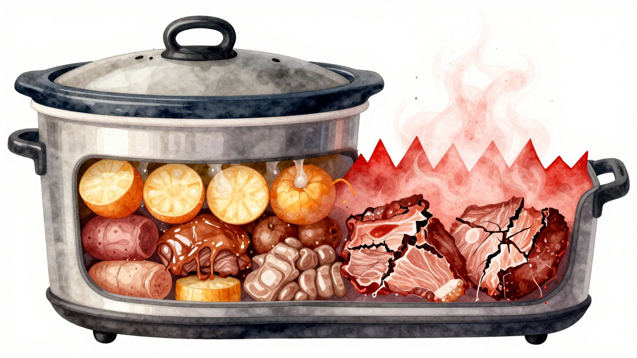Cross-section illustration showing slow cooking transformation from raw ingredients to tender meat with gentle heat.