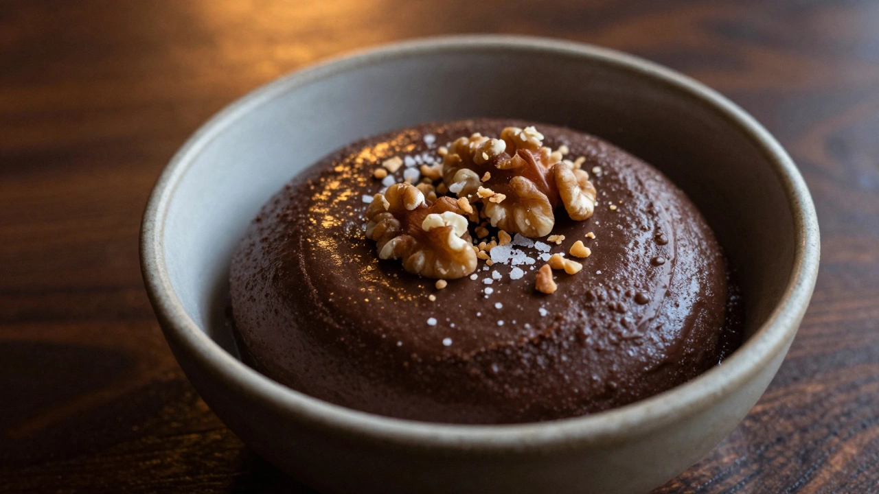Dark chocolate avocado mousse topped with walnuts and sea salt
