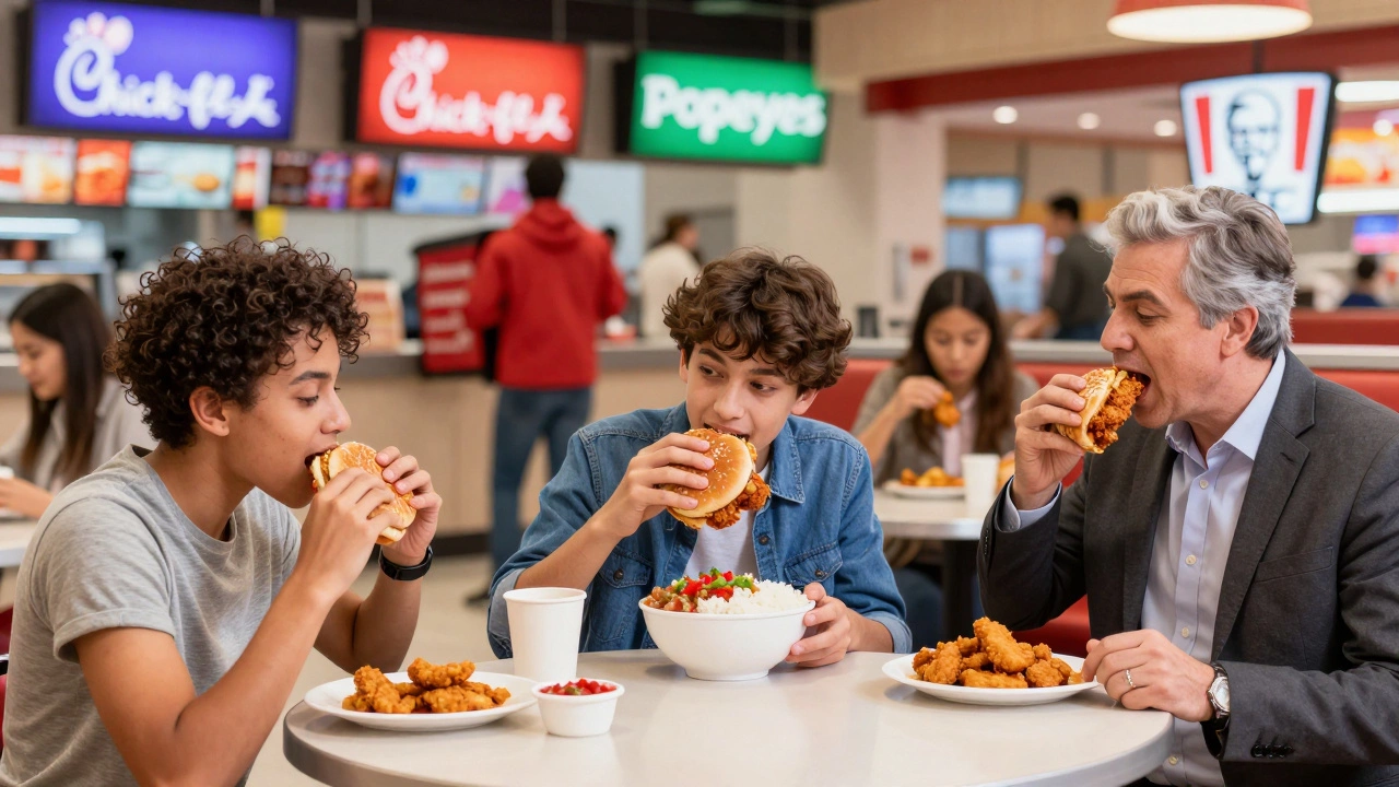 Diverse people enjoying various chicken dishes in a lively food court.