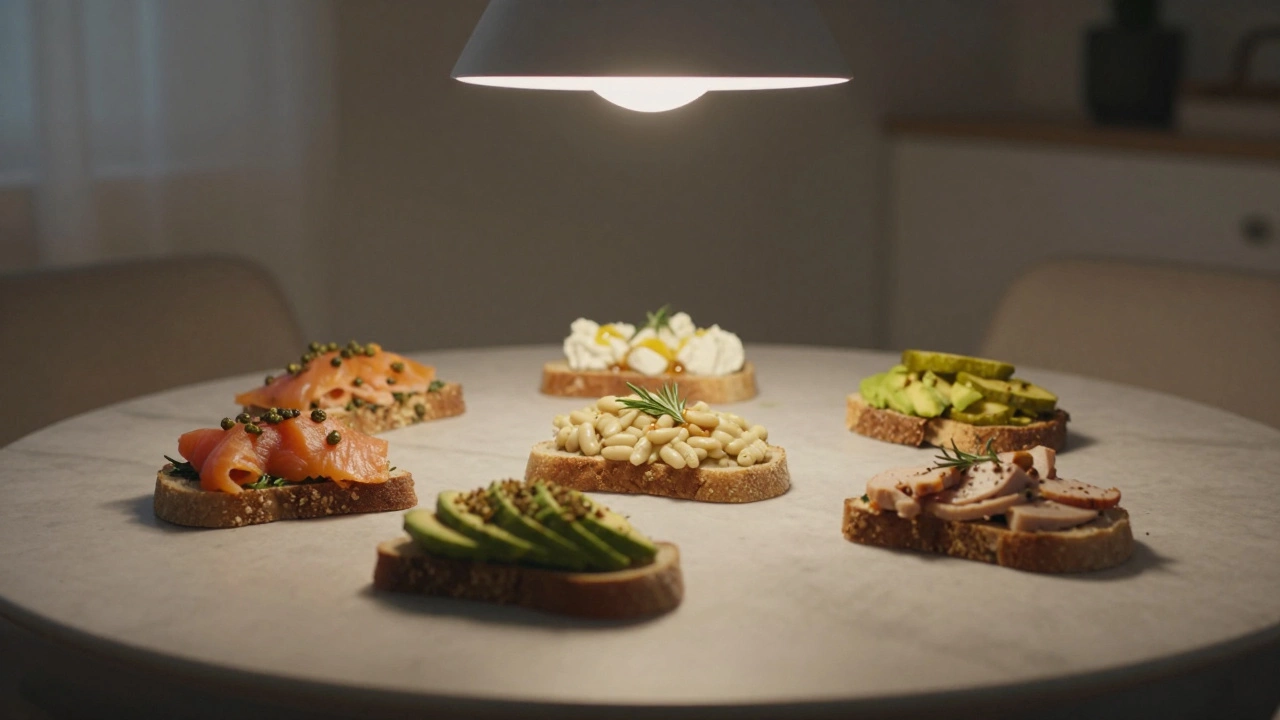 Five different open-faced sandwiches arranged neatly on a wooden table with soft lighting.