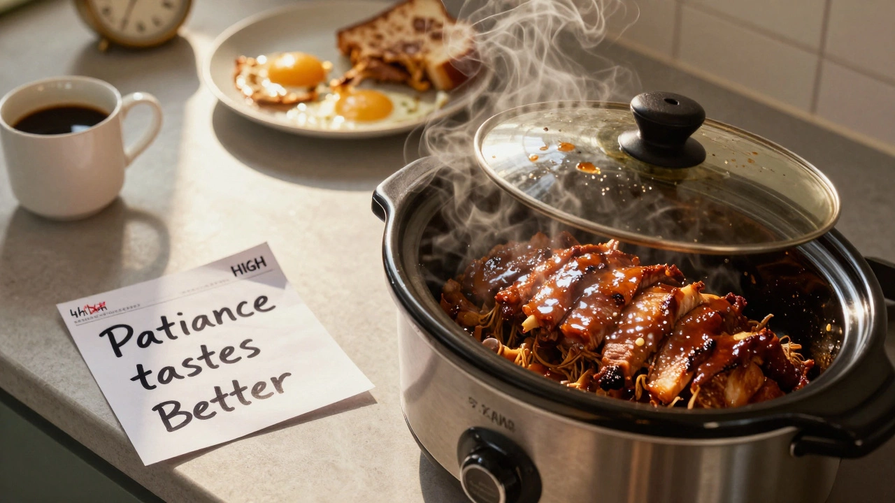 Perfectly cooked pulled pork in a slow cooker beside a note saying 'Patience tastes better' at sunrise.