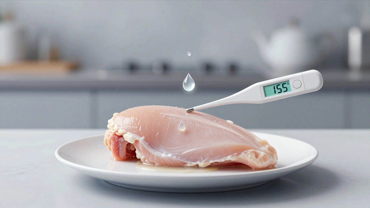 Resting chicken breast with floating juice droplets and thermometer