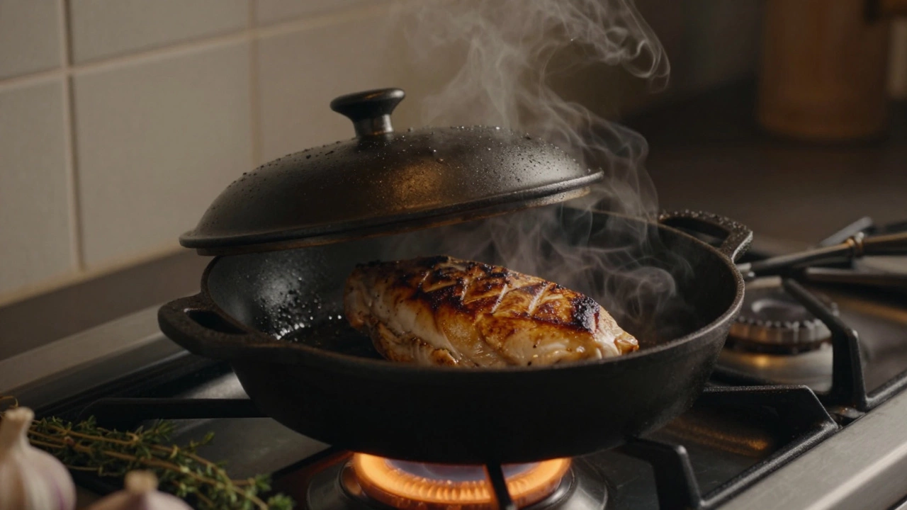 Sizzling chicken breast cooking in a cast-iron skillet with steam rising
