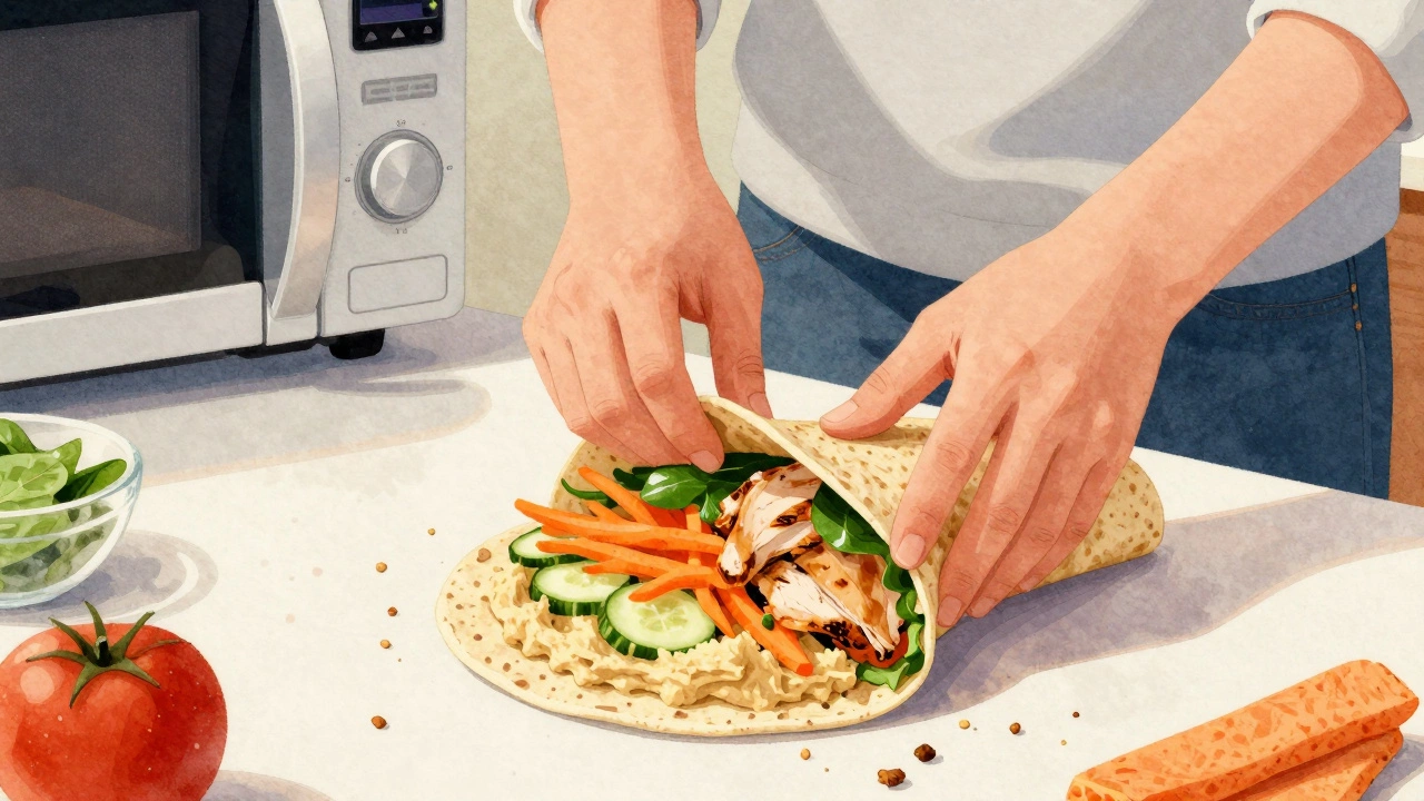 Someone assembling a veggie and chicken wrap with hummus on a kitchen counter.