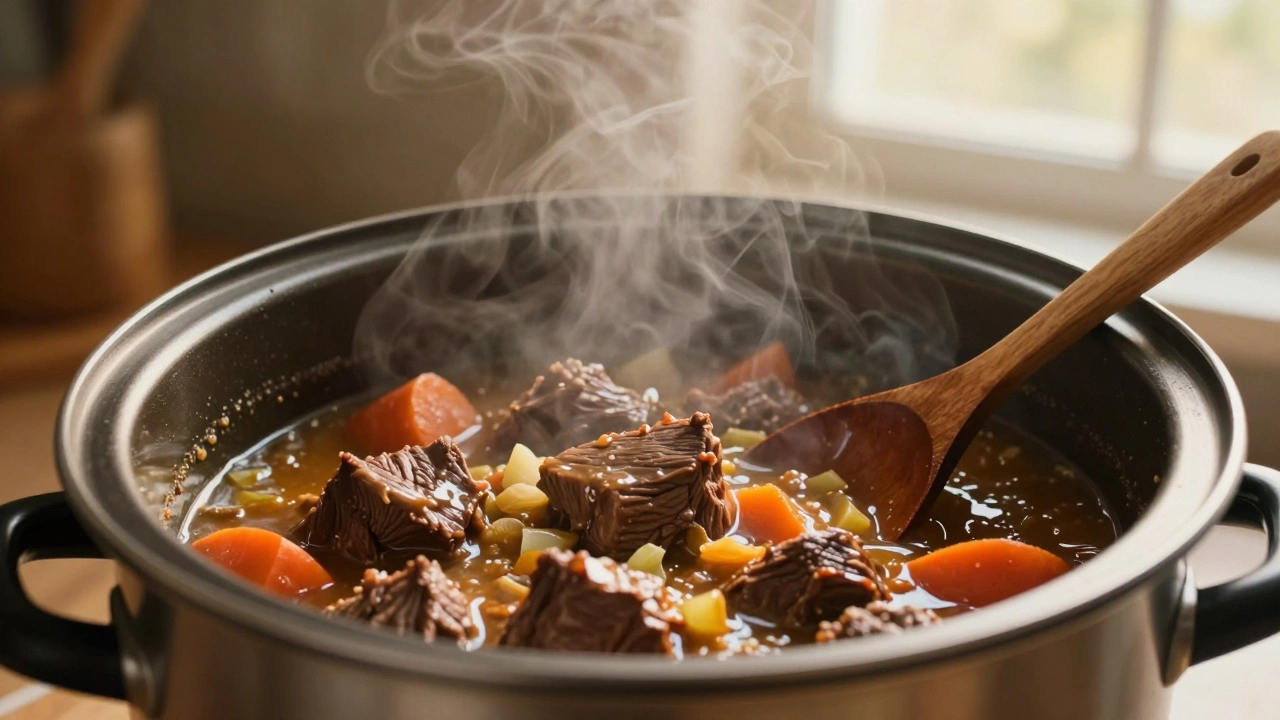 Tender beef and vegetables simmering gently in a slow cooker with rising steam.
