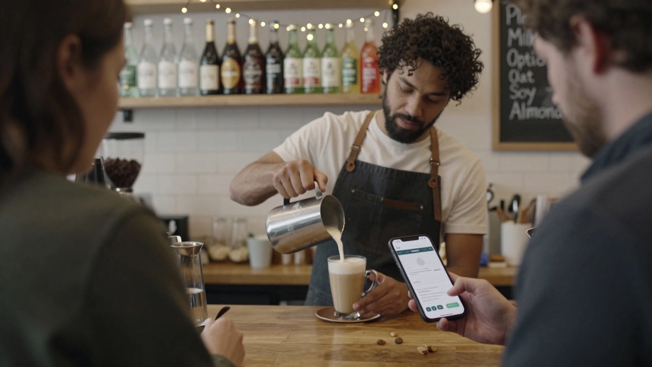 A barista pouring oat milk into a latte while a customer checks a vegan drink app in a UK café.
