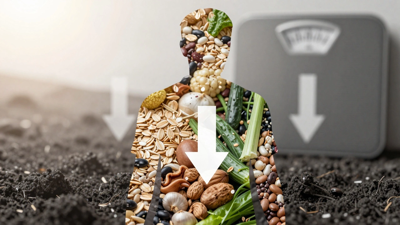 A human silhouette filled with plant foods, symbolizing healthy transformation and weight loss.