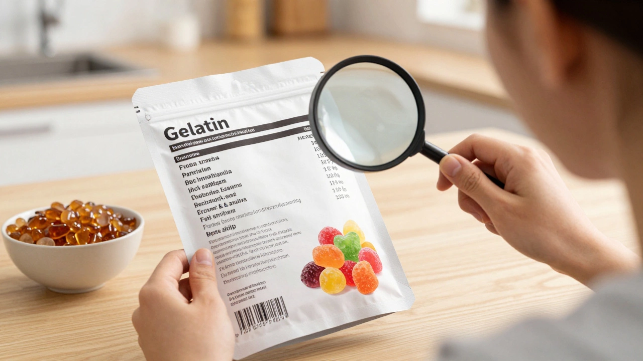 A person examining a food label for gelatin, with plant-based alternatives nearby.