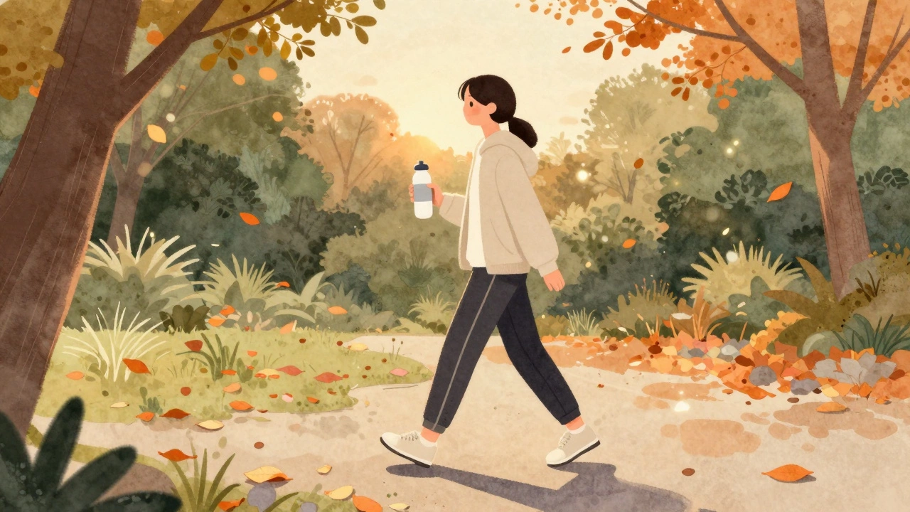 A person walking in a park at sunset, holding a water bottle, surrounded by autumn leaves.