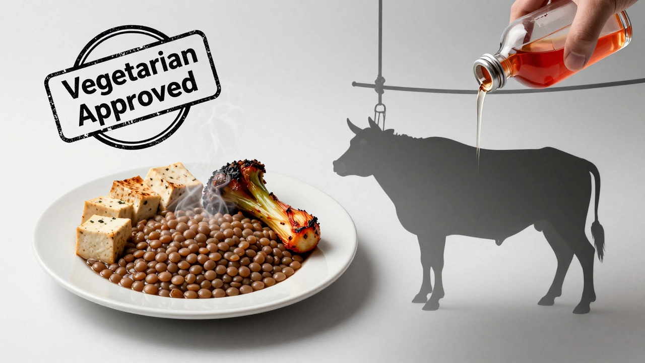 A split image showing vegetarian food beside a shadow of animal slaughter and gelatin production.